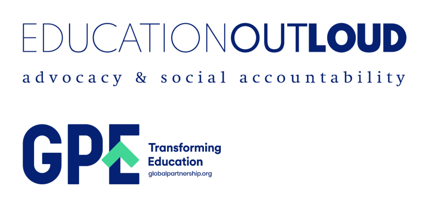 Wordmark reads: Education Out Loud -- advocacy & social accountability; GPE -- Transforming Education